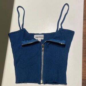 Superdown Blue Ribbed Zip-Up Crop Top